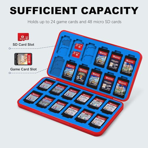 Image of FYY Nintendo Switch Game Case Holder for Switch 2 Cartridge Case with 24 Game Card Slots & 48 Micro SD Card Slots, Hard Shell, Silicone Lining Red Blue