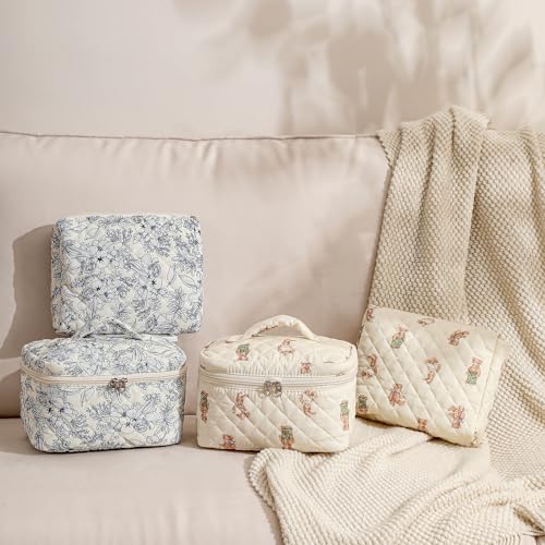 3 Pcs Quilted Cotton Makeup Pouch, Coquette Floral Quilted Toiletry Makeup Bag for Women and Girls, Aesthetic Travel Organized Cosmetic Bags(03Bear Pattern)4