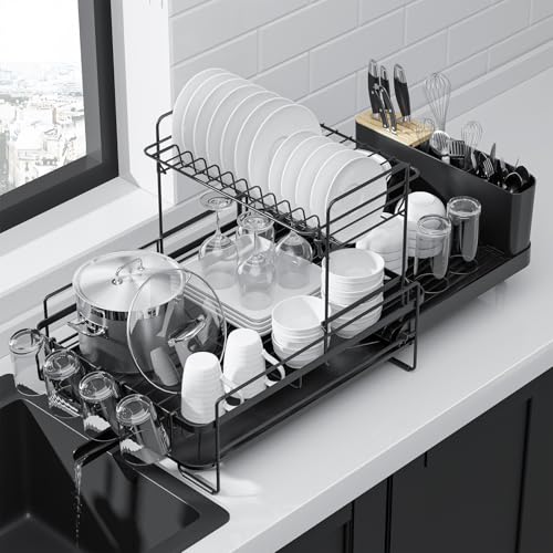 Image of Kitsure Extendable Dish Drying Rack, 19.2 inch-26.7 inch L x 12.9 inch W, 2-Tier | Large Dish Rack, Multifunctional Dish Rack for Kitchen Counter, Anti-Rust Dish Drainers with Cutlery & Cup Holders, Black