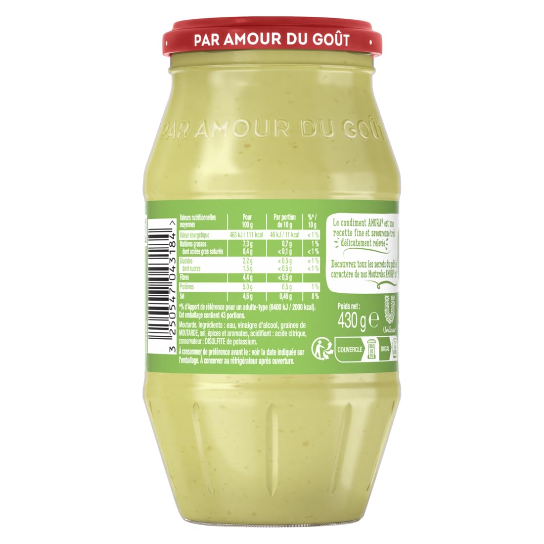 AMORA - Moutarde Condiment - Fine, Gourmande et Riche en Goût - Bocal de 430g