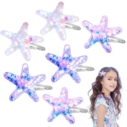 Amabro 6 Stück Seestern Haarspangen, 6 cm Stern Haarspangen Seestern Haarspangen Seestern Haar Accessoires Pailletten Haarnadeln glitzerndes Haar Alligator Haarklammer für Frauen Kind(B)