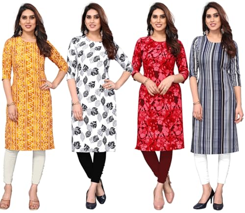 Image of JAKHANA Women's Crepe Printed Casual Straight Calf Length Round Nick Kurta Pack of 4