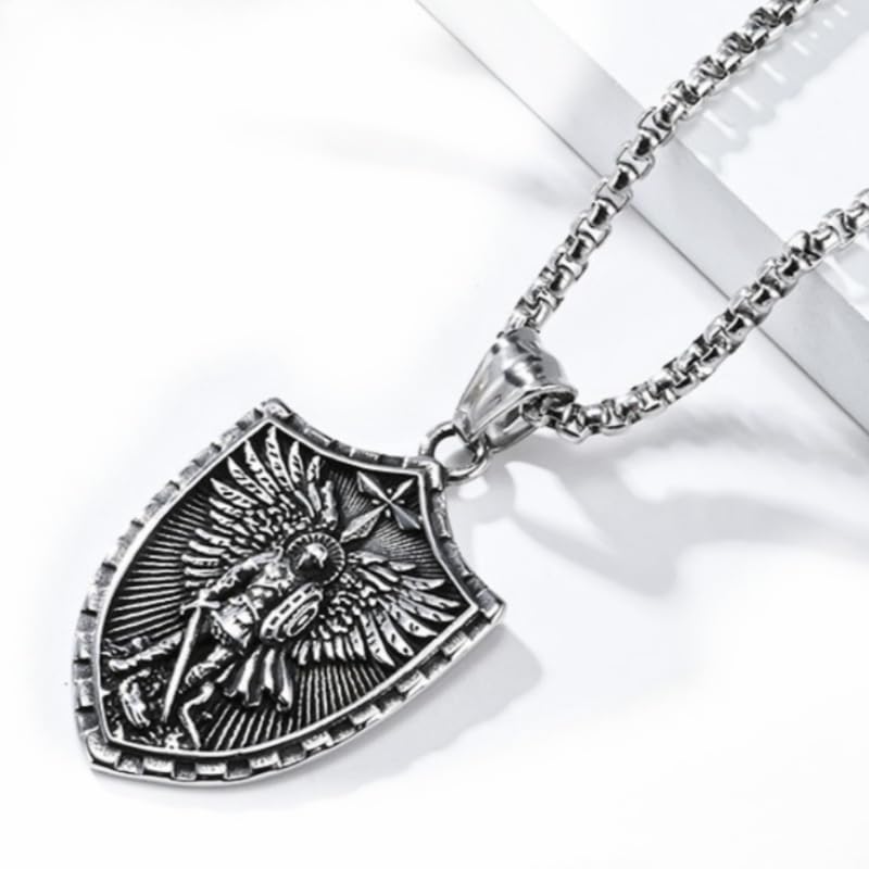 St Michael Necklace for Men, Stainless Steel Patron Saints Medallion Pendant Jewelry, Catholic Protection Jewelry Gift3