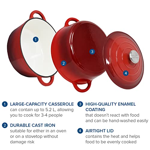 Joeji's Kitchen Cast Iron Casserole Dish with Lid for Oven and Hob Non-stick Dutch Oven Enamelled Casserole Pot for Hob and Oven Versatile 28 cm 2.7L Cookware for Stew Slow Roasts Baking Red - Image 4