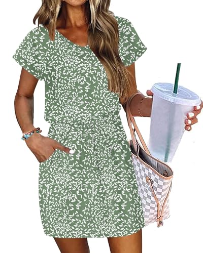 Image of AUSELILY Womens Summer Mini Dress, Short Sleeve V Neck Drawstring Casual | Soft smooth drape with an adjustable drawstring waist for beach, casual outings and daily wear