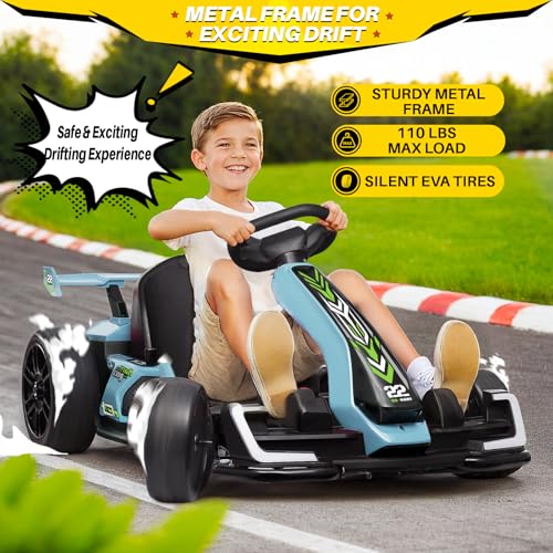 Blitzshark 24V Kids Go Kart 300W Powerful Drift Kart Electric Pedal Kart Outdoor Race Toy, with 2X150W Strong Motor, 7AH Big Battery, Drift/Sports Mode, EVA Tire, Brake Pedal, Length Adjustment, Blue