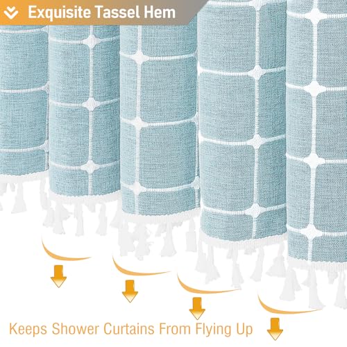Image of BTTN Boho Farmhouse Shower Curtain - Linen Rustic Heavy Duty Fabric Shower Curtain Set with Tassel, Water Repellent, Bohemian Vintage Country Thick Cloth Shower Curtains for Bathroom, Fog Blue, 72x72