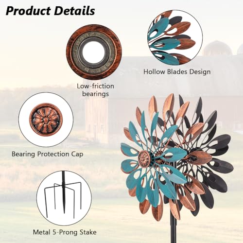 Image of VEWOGARDEN 360 Outdoor Metal Wind Spinners Kinetic Wind Sculptures & Spinners for Yard Garden Lawn Patio Decorations, Blue & Bronze
