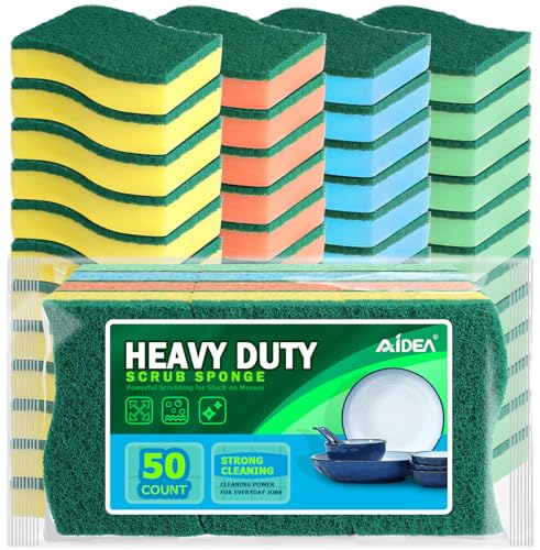 Image of AIDEA Sponges Kitchen, 50 Pack Heavy Duty Dish Sponge, Cleaning Dish Scrubber Sponge for Home and Kitchen, Stink-Free Cleaning Supplies for Pots, Pans