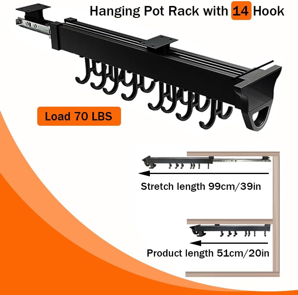Pull Out Pot Organizers, 22In Adjustable Pot Racks, Kitchen Utensils Holder, Multifunctional Sliding Under Cabinet Organization for Kitchen, Bathroom, Closet, Pantry,51cm/14 Hook