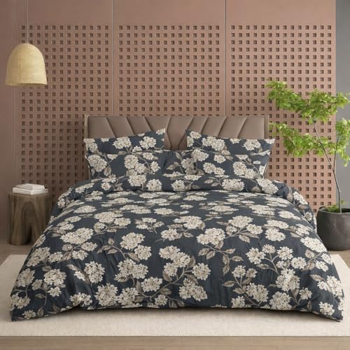 Image of DECOR2ADMIRE 300TC Premium Glace Cotton Printed Super King Size Double Bedsheet with Two Pillow Covers, 108 * 108 Inches or 9ft by 9ft or 275 cm x 275 cm (Midnight Bloom)