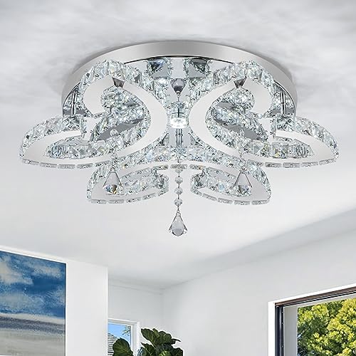 KXHQANI 19.7'' Crystal Chandelier LED Flush Mount Ceiling Light Fixture Modern Chandeliers for Bedroom Dining Room Living Room Closet (Cool White)