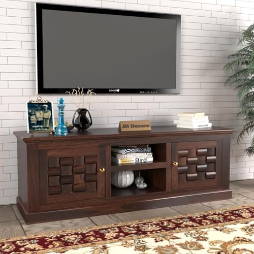Image of Wooden TV Unit for Living Room | TV Cabinet with Storage Doors & Shelf | TV Stand Wooden | Entertainment Unit Furniture | TV Console Table | Walnut Finish