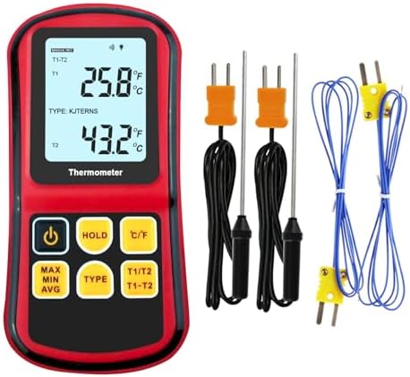Thermocouple Thermometer Digital K Type Thermocouple,Dual Channel Thermocouple Tester(-238~3212℉) with 4 K-Type Thermocouples LCD Display Temperature Tester for K/J/T/E/R/S/N Type
