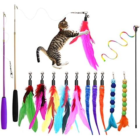 Atosun Cat Toys, 2PCS Retractable Cat Feather Toys, 10PCS Replacement Teaser Refill, 1PC Rainbow Ribbon Wand Interactive Kitten Toys for Indoor Cat Make Exercise Cover