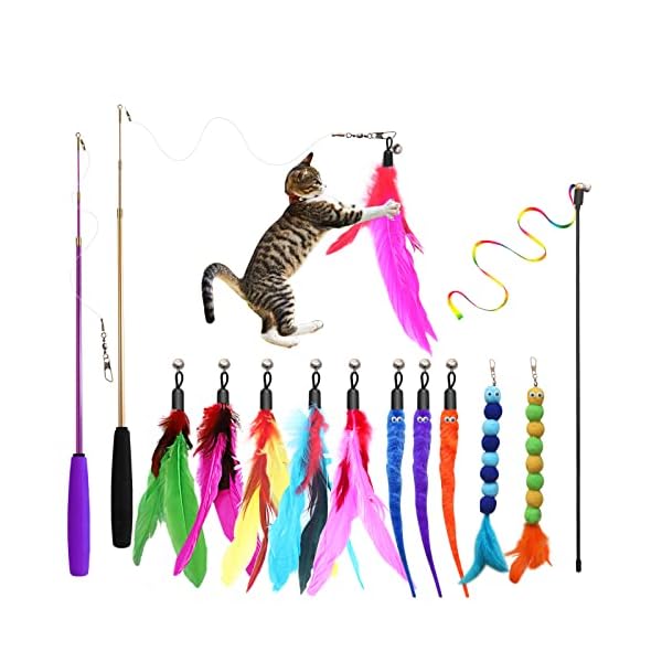 Atosun cat toys, 2pcs retractable cat feather toys, 10pcs replacement teaser refill, 1pc rainbow ribbon wand interactive kitten toys for indoor cat make exercise
