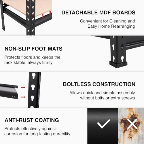 Image of Robustt 6-Tier Multipurpose Storage Rack | Bolt-Free Assembly | Metal Stand With Thick MDF Board | 175kg Capacity Per Shelf | 72x16x16 Inch Adjustable Shelf Rack for Home, Garage & Shop | Black