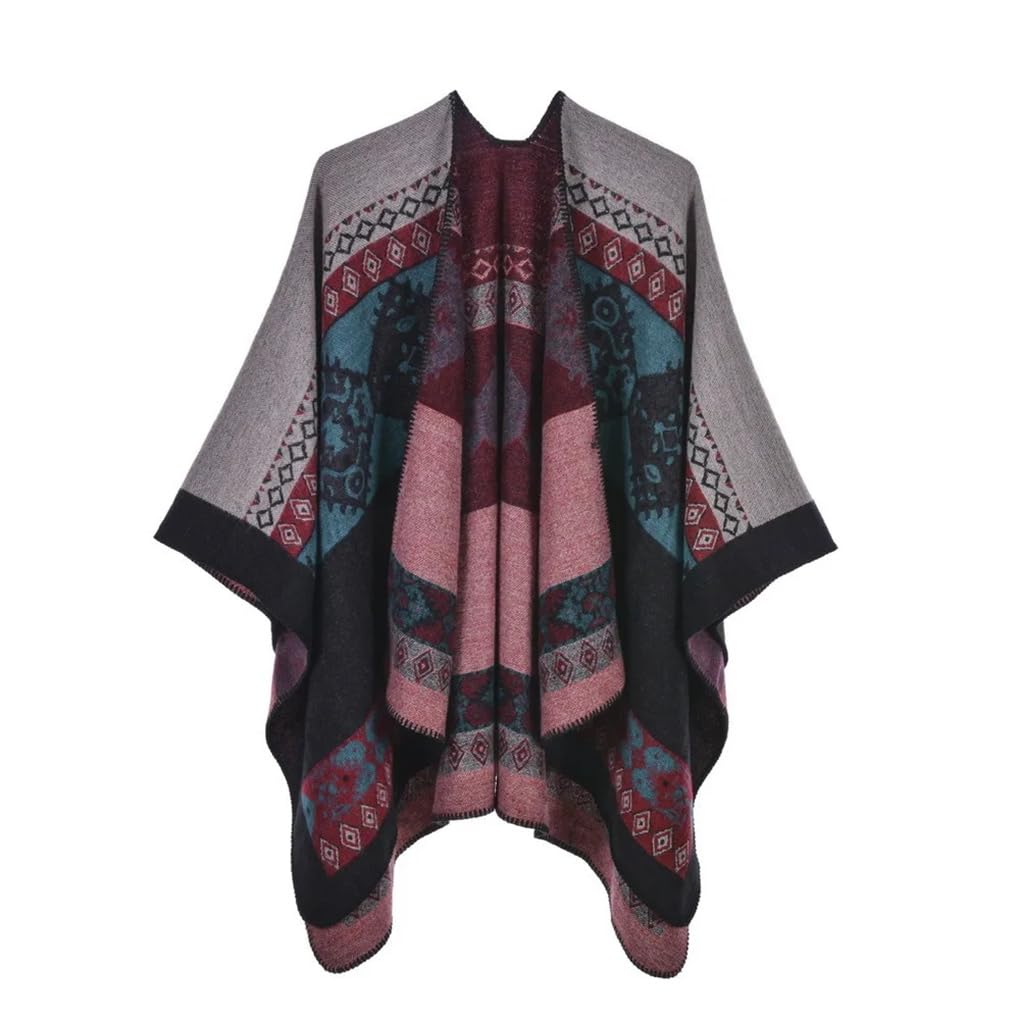 Suéter de punto con doble cara de impresión para mujer, abrigo de otoño e invierno, cálido poncho cárdigan