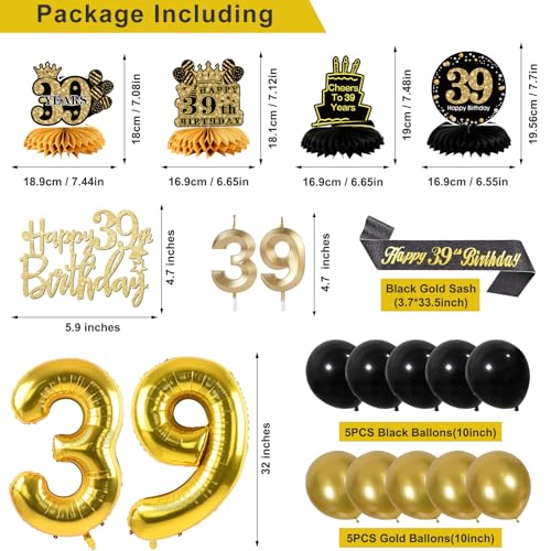 Image of 39th Birthday Decorations for Men, Black Gold 39th Party Decorations | 27pcs Happy 39th Birthdays Set: Banner, Honeycomb, Balloons, Gold Number, Candle, Hanging Swirls, Cake Topper, Party Supplies