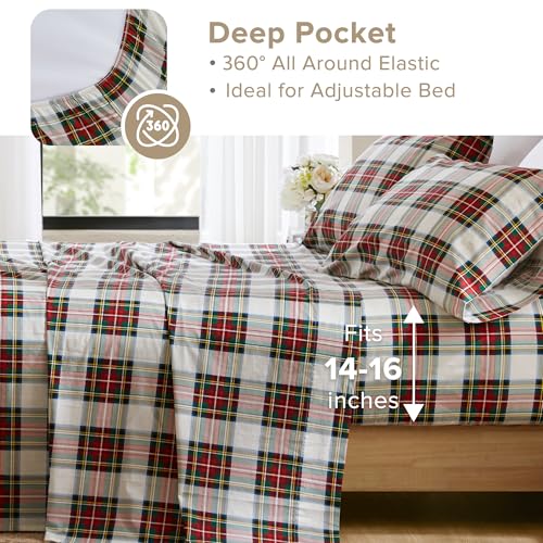 Comfort Spaces 100% Cotton Sheets Cal King, Breathable, Naturally Cool Cotton Sheets, Cotton Bed Sheets 14" Elastic Pocket Fits up to 16" Mattress, All Seasons Sheet Set, Scottish Plaid Red 4 Piece