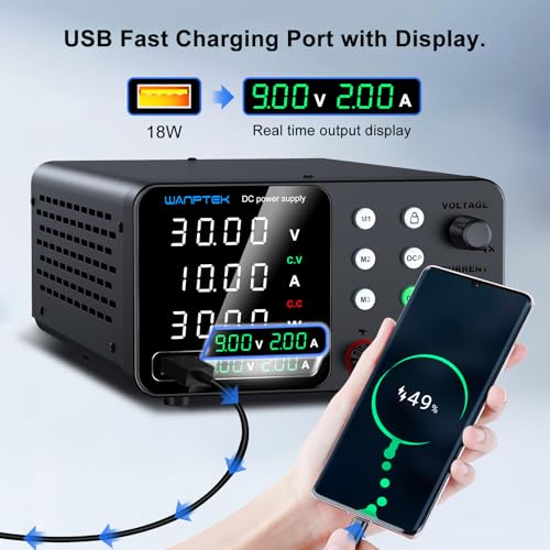 Image of WANPTEK DC Bench Power Supply 30V 10A, Regulated Variable Lab Power Supply with Memory Presets, Encoder Knob,OCP Protection, Output Switch, 4-Digit LED, USB Fast Charge and Key Lock for Repair