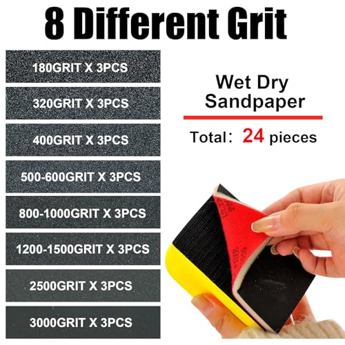MAXMAN Schleifschwämme Set, 24 Stück Reusable Flexibles Schleifklotz, 180-3000 Körnung Handschleifblöcke, Schleifklotz 75x100mm, Schleifpads Für Effortless Metal, Holz, Farbe, Modell & Möbel