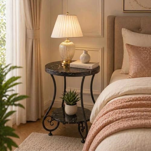 Image of CARTADEN 2 Tier End Table in Living Room, Industrial Style Round Bedside Table with Storage, Small Outdoor Coffee Table for Bedroom Balcony Patio Full Black