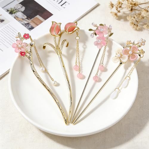 Image of SANNIDHI 4Pcs Hair Stick for Bun Elegant Flower Hair Bun Stick with Tassels, Chinese Style Floral Pins for Women, Alloy Metal Vintage Pearl Accessories
