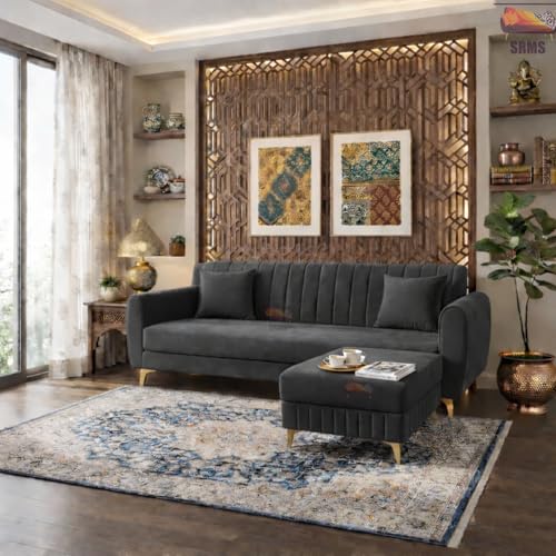 Image of SRMS Golden Legs 4 Seater L Shape Velvet Fabric Sofa Set with Four Cushions | Perfect for Home Office Guests Living Room | Sofa Set for living Room | 74 x 32 x 30 inches | Dark Grey