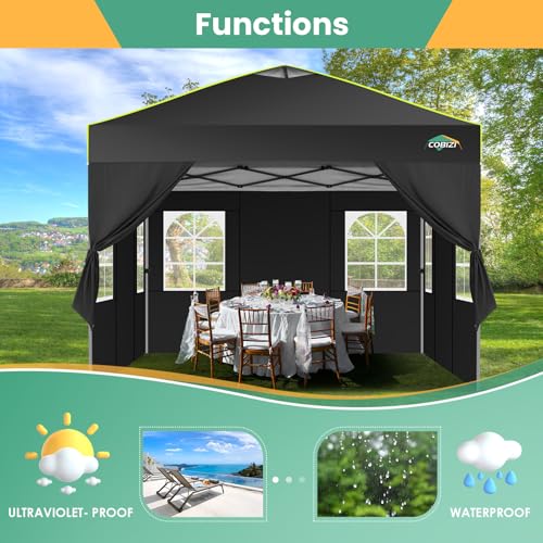 Image of COBIZI 10x10 Pop Up Canopy - One Push Setup Tent, Glow Strips, 4 Sidewalls