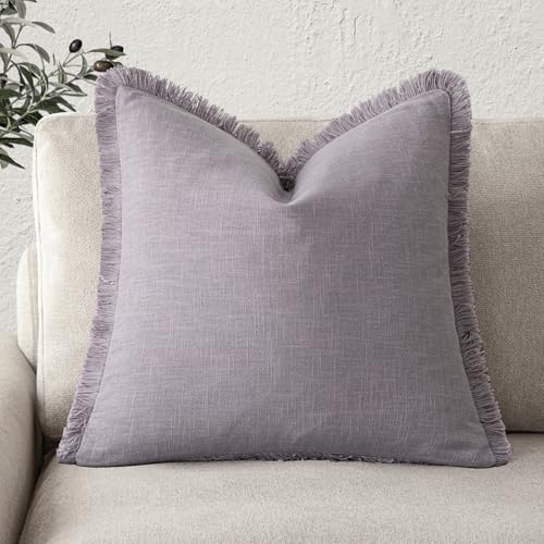 Image of Foindtower Decorative Linen Fringe Throw Pillow Covers Boho Farmhouse Cushion Cover with Tassels Soft Accent Pillowcase for Chair Sofa Bed Living Room Home Decor, 18x18 Inch,1PC,Light Purple