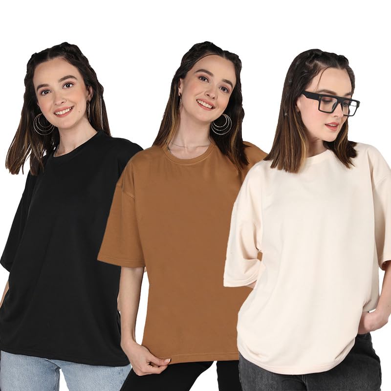 Image of CHKOKKO Oversized T-Shirt for Women Cotton Blend Soft Loose Fit Tshirt Top for Summer Half Sleeves Drop Shoulder Trendy Stylish Solid for Casual Streetwear, Outings or Travel