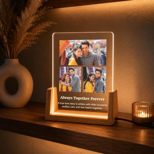 Image of Giftplease Personalized LED Acrylic Photo Frame with Custom Photos & Text | Engraved Picture Lamp with Wooden LED Base | USB Powered Night Light | Anniversary, Wedding, Birthday, Couple, Family, Decor