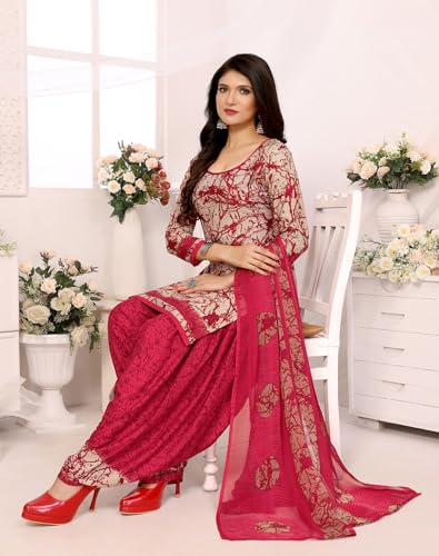 Image of Yashika Women's Printed Dress Material - Unstitched Crepe Fabric Kurti, Pants & Dupatta Set