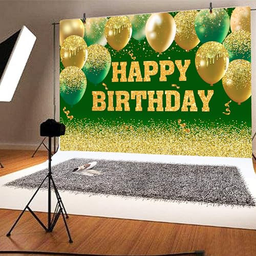 Image of Happy Birthday Decorations Backdrop 10 x 6 ft Green Golden Happy Birthday Banner Large Birthday Party Background for Men Women Kids Photo Shoot Supplies