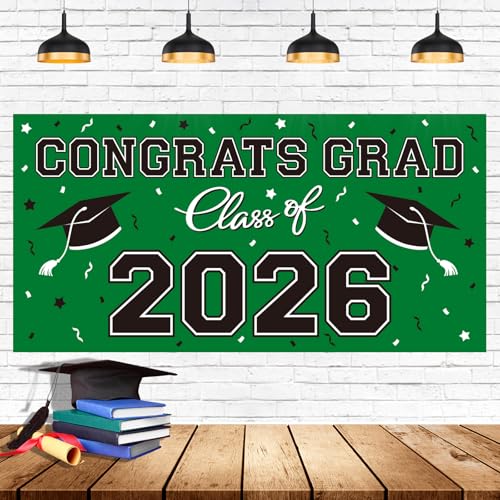 Image of 2026 Graduation Party Plastic Backdrop - 65 inch x 32.7 inch Congrats Grad Banner in Green, Large Class of 2026 Decorations, Photography & Grad Party Supplies
