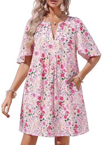 Image of Wenrine Womens Flutter Short Sleeve Mini Dress Casual V Neck Loose Flowy Summer Dresses