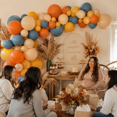 Image of HILAVO Retro Blue Yellow and Orange Balloons, 60PCS 12 Inch Slate Blue Burnt Orange Mustard Yellow Balloons for Here Comes the Son Baby Shower Kids Birthday Party Boho Party Decorations