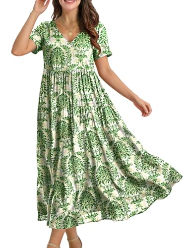 Image of YESNO Women's Summer Maxi Dresses Casual Floral Short Sleeve V Neck Boho Beach Vacation Swing Dress with Pockets EVF