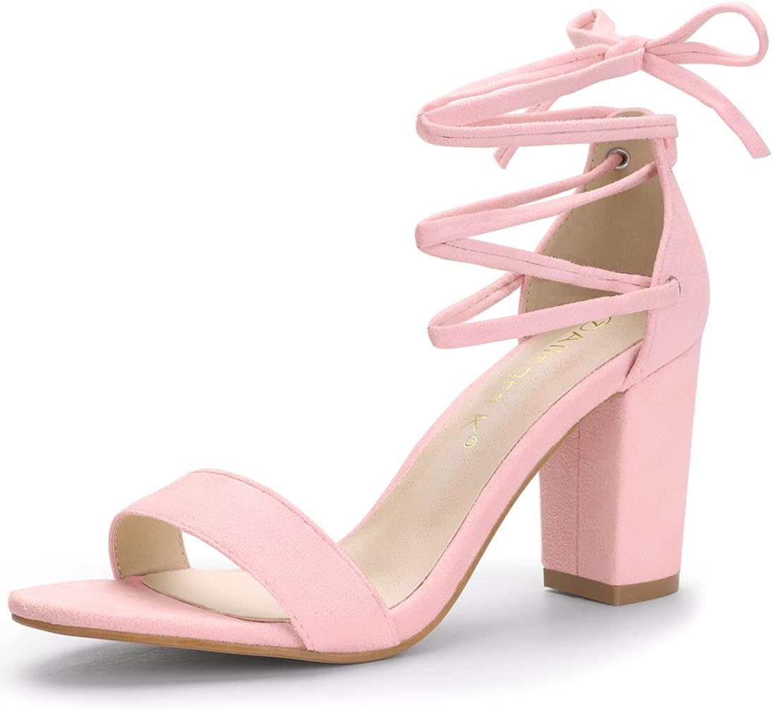 Allegra K Women's Tie Up Strappy Heels Light Pink Chunky High Heels Sandal 8 M US