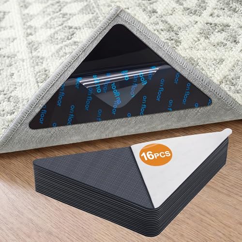 Tiergrade 16 Pcs Rug Tape Anti Slip Rug Pads Grippers for Hardwood Floors and Tiles No Residue Reusable Carpet Tape for Area Rugs Double-Sided Adhesive Rug Stickers