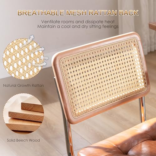 Image of Zesthouse Leather Office Desk Chair with Wheels, Mid Century Rolling Desk Chair with Natural Rattan Back, Modern Swivel Home Office Chair, Small Height Adjustable Computer Task Chair, Brown