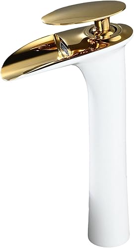 Grifo de lavabo de baño cascada de baño de un solo orificio alto de recipiente grifos de baño, blanco y oro, latón sólido, SHUNLI