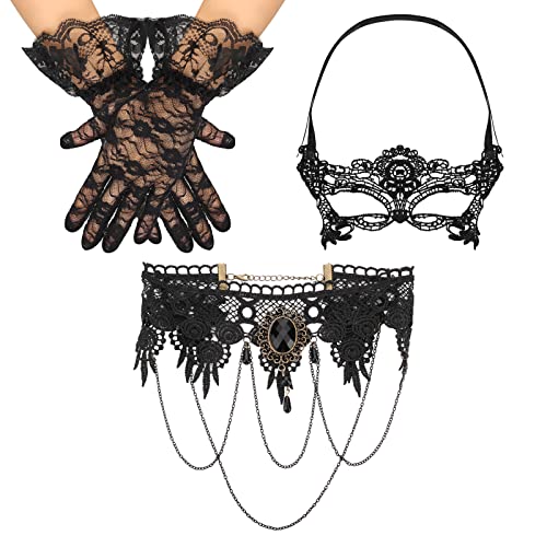 Yolev Damen Spitzen Mask Choker Handschuhe Setzen Sexy Spitzen Maskerade Party Karneval Osterparty Accessoires