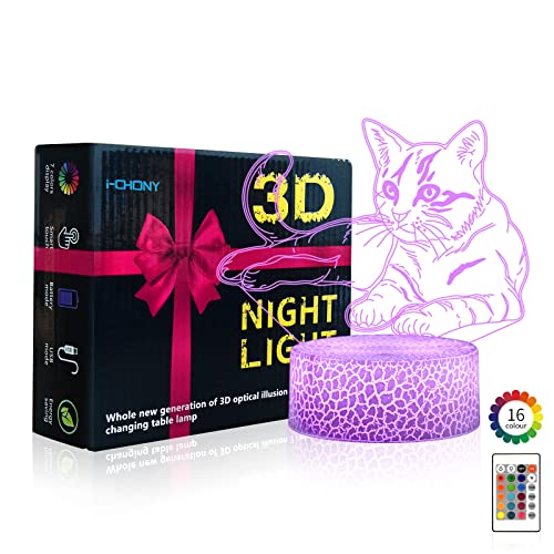 Image of i-CHONY Cat Gift 3D Illusion Lamp,Cute LED Night Light,with Remote & Smart Touch 16 Colors Bedroom Decorations Bedside Lamp - Cat Love Gift for Women Teens Girls Kids Birthday Christmas
