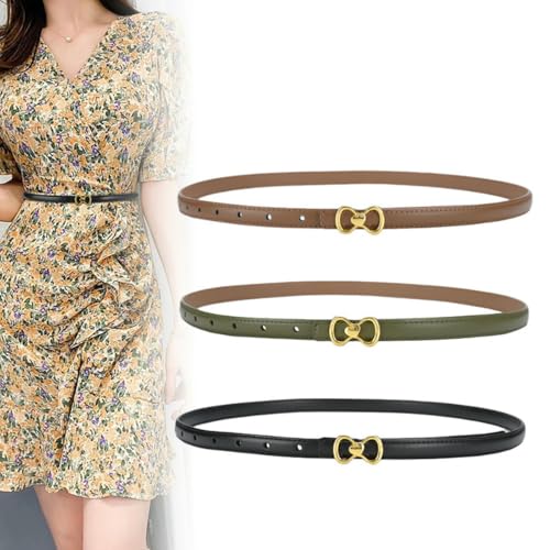 Women Skinny Leather Belts, Ladies Thin Waist Belts with Gold Buckle for Dresses 0.6" Width2