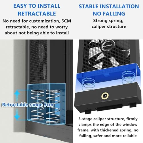 Ventola di scarico retrattile, velocità regolabile 2800 giri/min, flusso d'aria 98 CFM per finestre scorrevoli, ideale per cucina, camera da letto e bagno