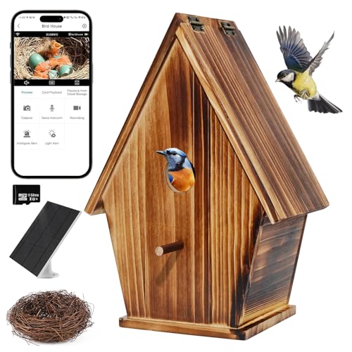 Smart Bird House with Camera, 1080P HD Birdhouse with Camera Inside Solar Powered 2.4G WiFi & App Notify, Bird Houses for Outside with Nest Auto Capture Photo & Video