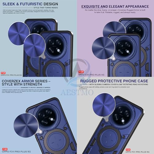 Image of AESTMO Armor Oppo F31 Pro Plus 5G Bumper Back Case Cover | Ring Holder & CD Pattern Sliding Camera Shutter Cover | Back Case Cover for Oppo F31 Pro Plus 5G (Blue)