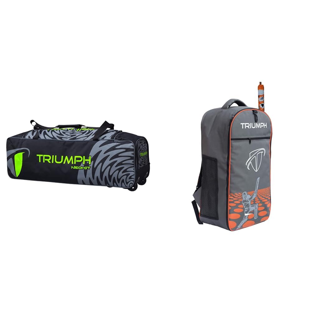 Triumph UNIKIT-990 Cricket Wheel Bags Size 36"x11"x10" Black/Lime + KB-2020 Cricket Backpack Full Padded Grey/Orange Bag Size 27X8X14-image-39